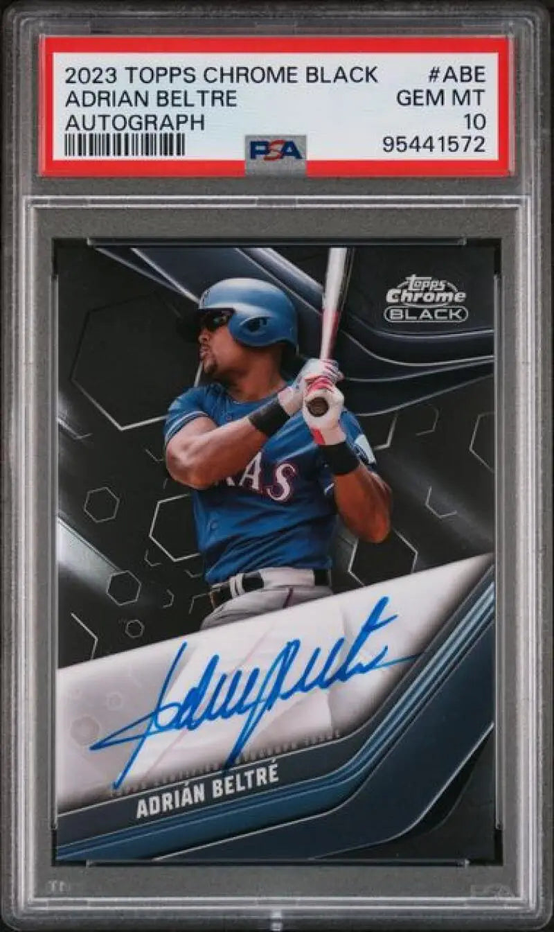 Autographed Adrian Beltre baseball card from Topps Chrome Black featuring Texas Rangers memorabilia
