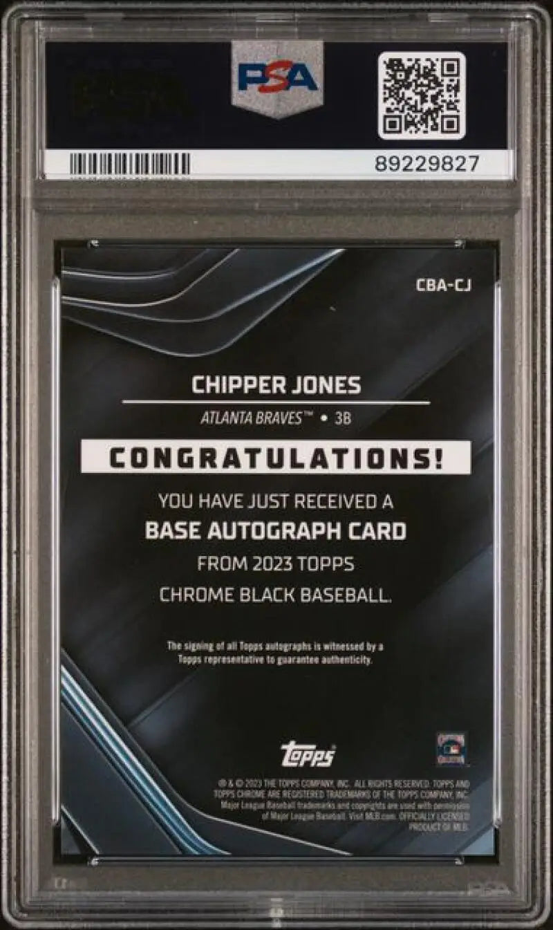 PSA-graded Chipper Jones autograph redemption card from 2021 Topps Chrome Black