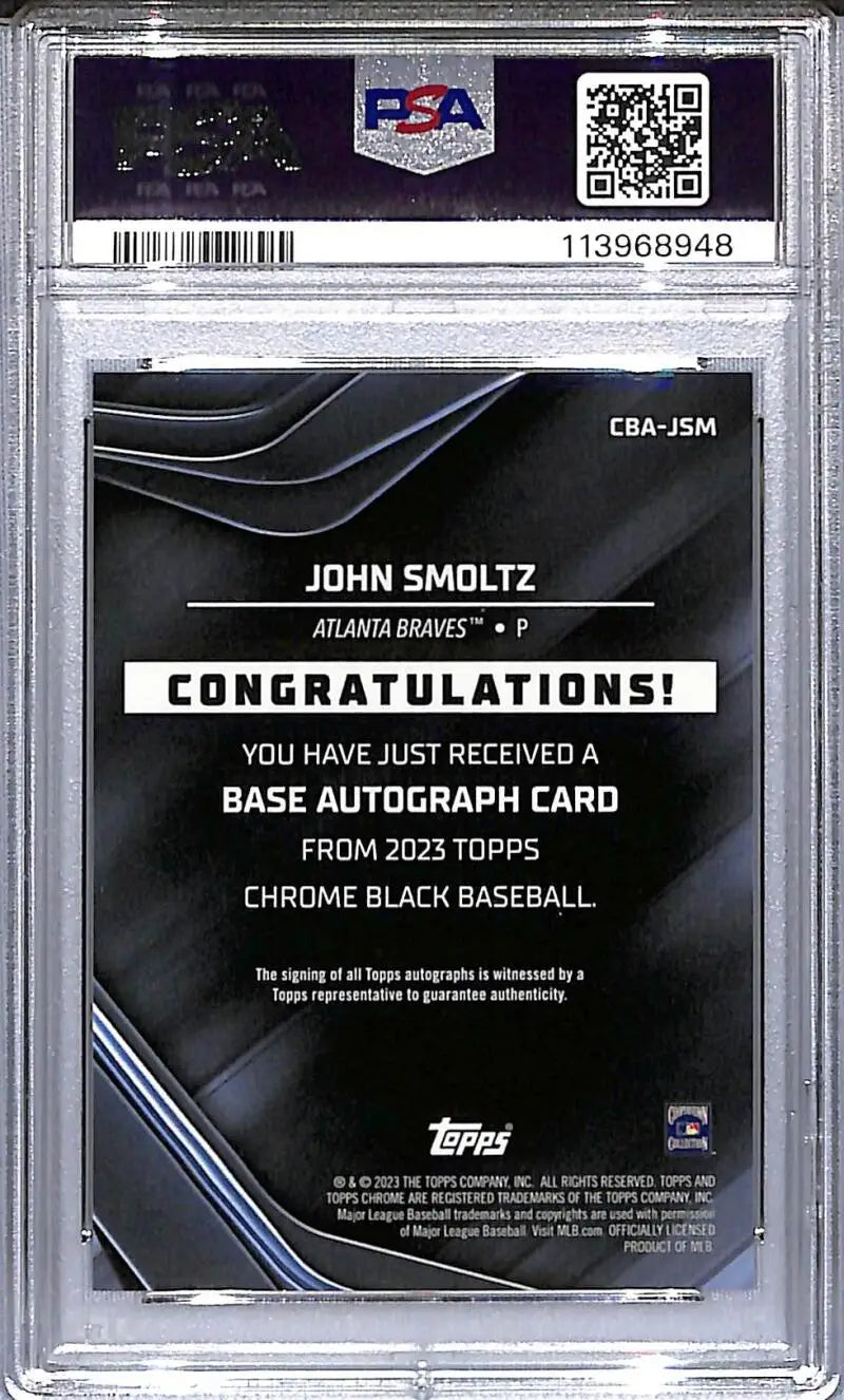 Graded John Smoltz baseball card from Topps Chrome Black featuring Atlanta Braves player