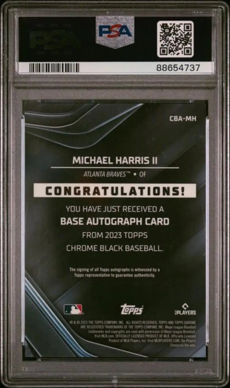 PSA-graded Topps Chrome Black Michael Harris II Auto card with congratulatory message