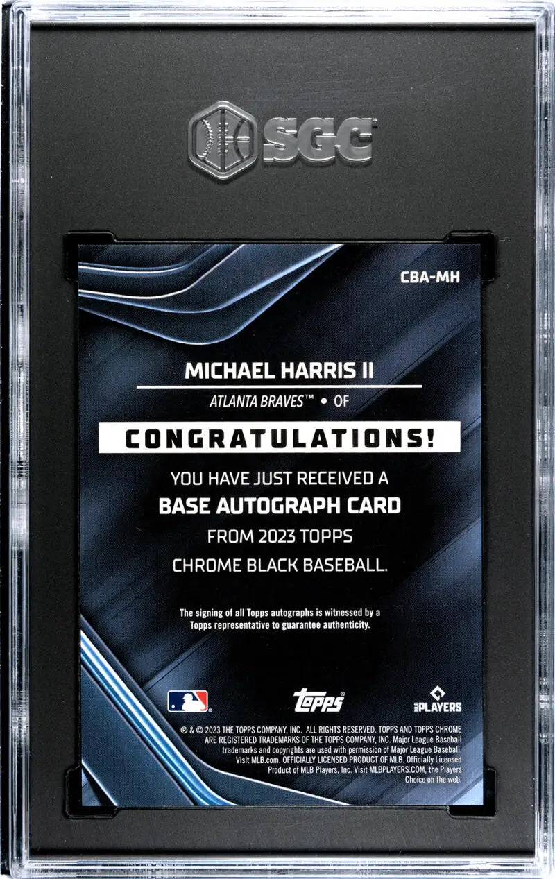 Back of 2023 Topps Chrome Black Baseball Card celebrating Michael Harris autograph achievement