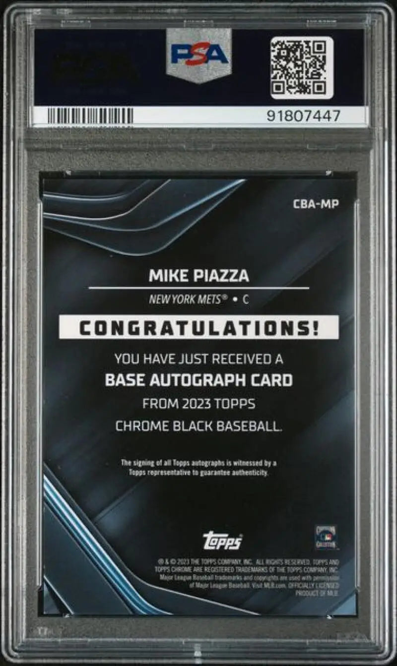 PSA-graded Topps Chrome Black Mike Piazza GEM MINT Auto redemption notice for New York Mets