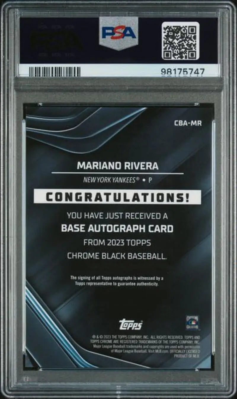 PSA-graded Mariano Rivera autograph card from 2023 Topps Chrome Black Baseball