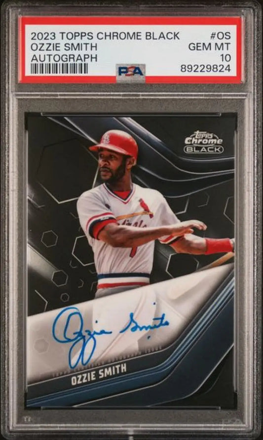 PSA 10 GEM MINT Ozzie Smith Autographed Topps Chrome Black Baseball Card