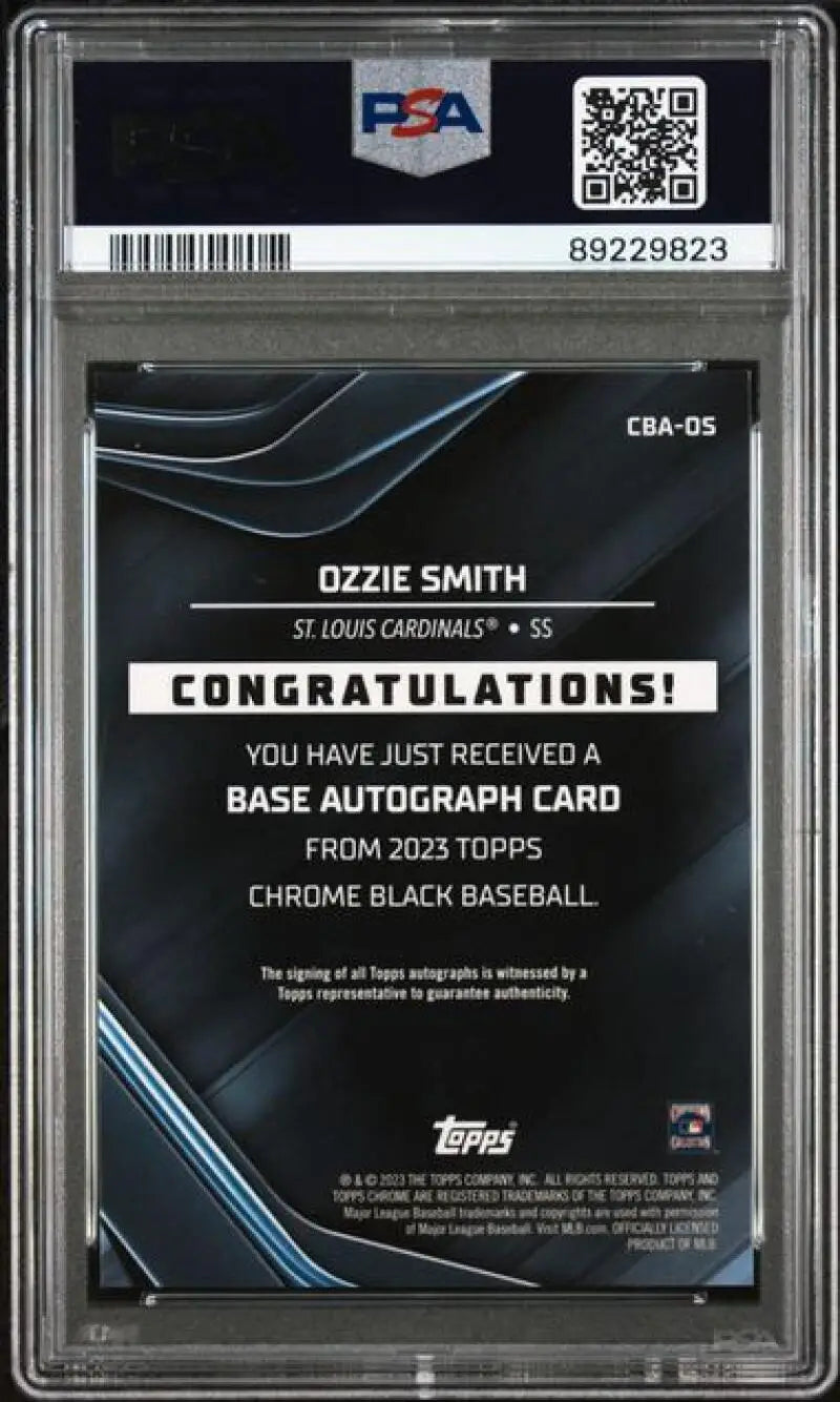 Graded Ozzie Smith baseball card from Topps Chrome Black 2023 in PSA 10 GEM MINT condition