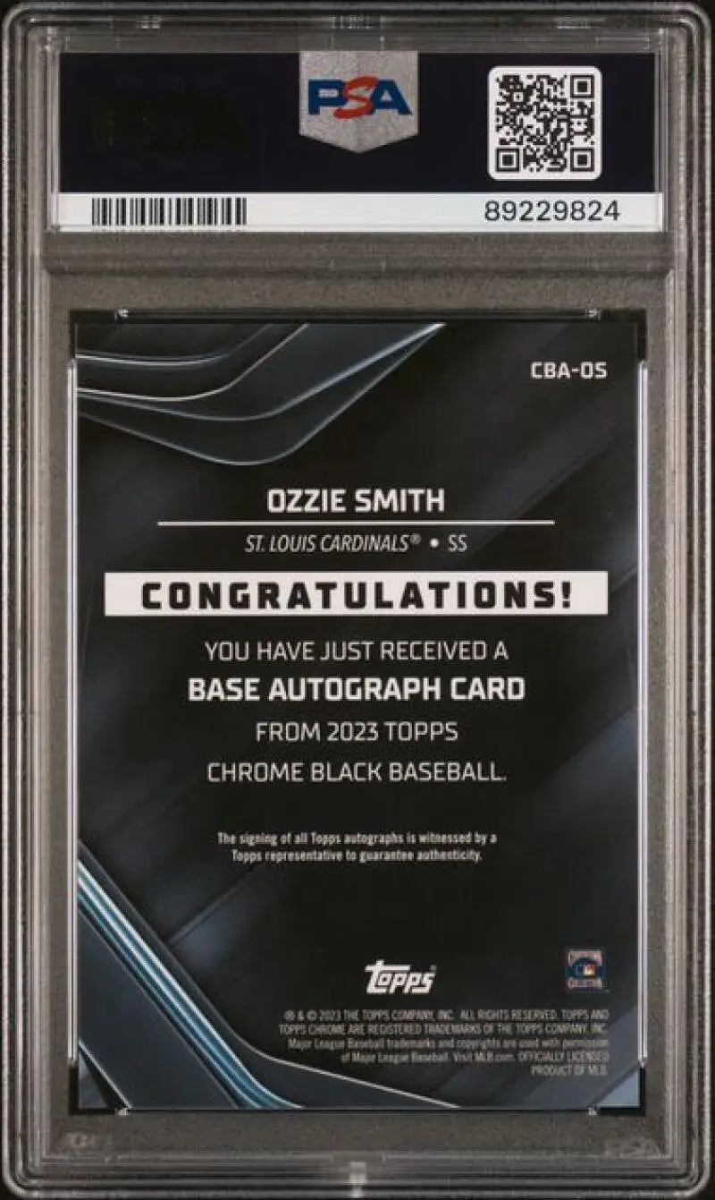 Back of 2023 Topps Chrome Black Ozzie Smith autograph card showing congratulatory text