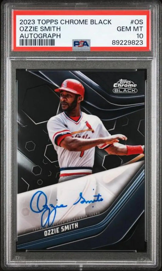 Ozzie Smith autographed baseball card from 2023 Topps Chrome Black series