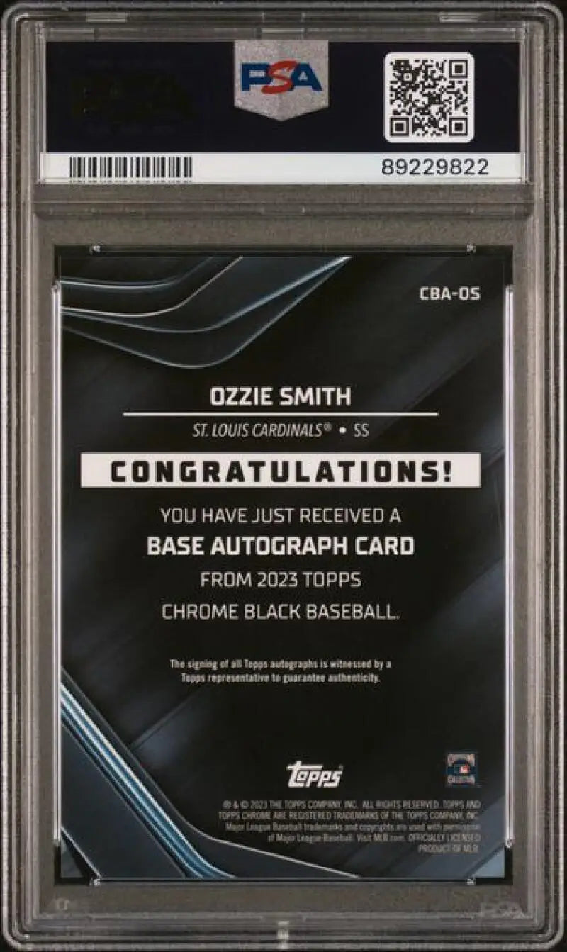 Back side of a PSA 10 GEM MINT Ozzie Smith Topps Chrome Black autograph card