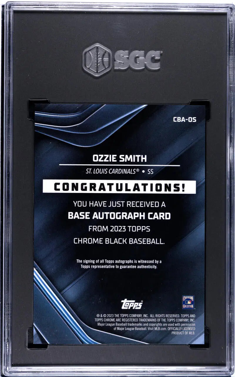Graded BGS-slabbed Ozzie Smith autograph baseball card from 2023 Topps Chrome Black
