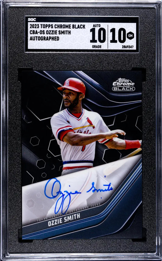 Graded 2023 Topps Chrome Black Ozzie Smith Autographed Baseball Card, St. Louis Cardinals