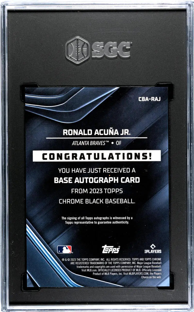 Back of 2023 Topps Chrome Black Ronald Acuna Jr. autograph card with redemption details