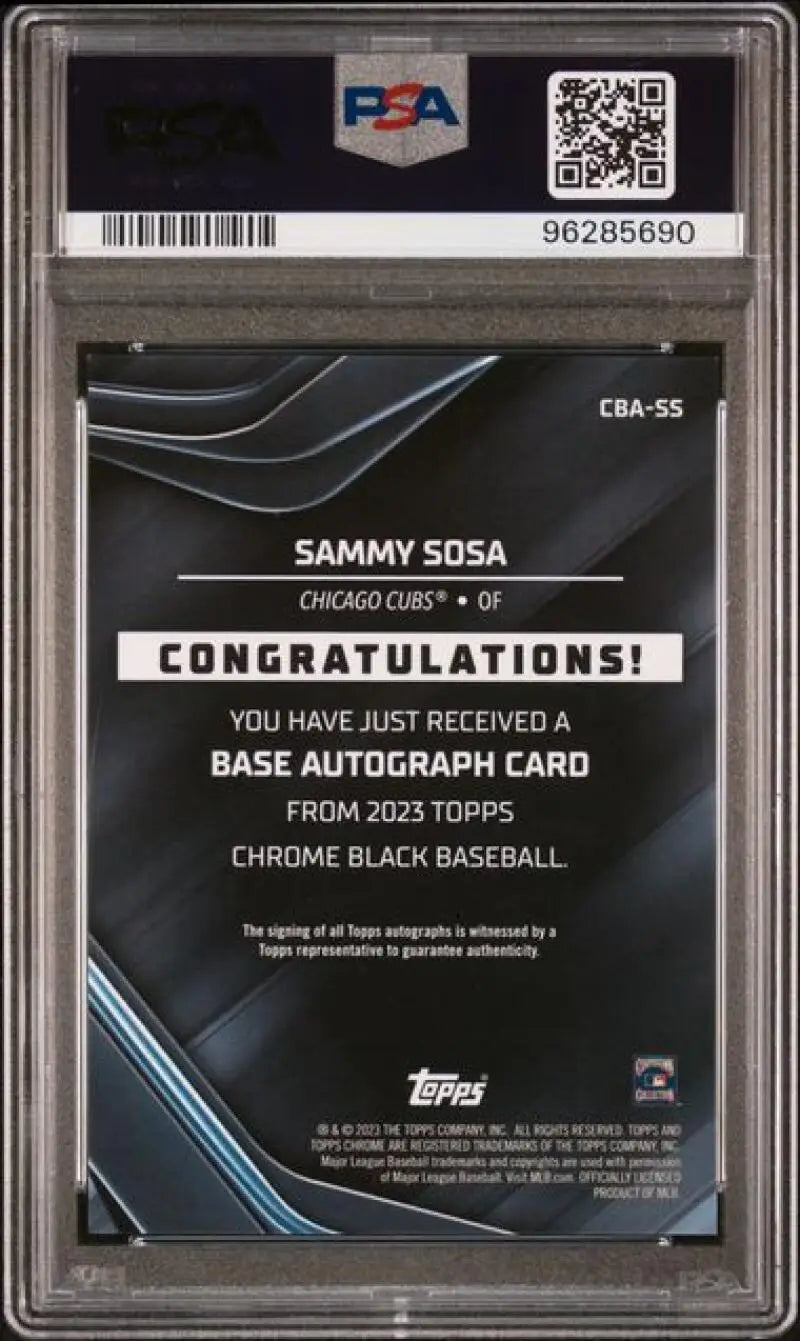 Graded Sammy Sosa Chicago Cubs baseball card, GEM MINT condition, 2023 Topps Chrome Black