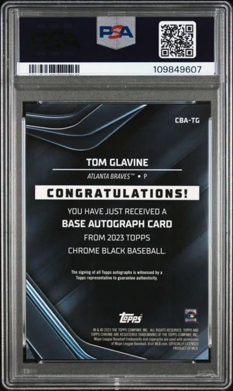 PSA-graded Tom Glavine baseball card featuring Atlanta Braves in 2023 Topps Chrome Black