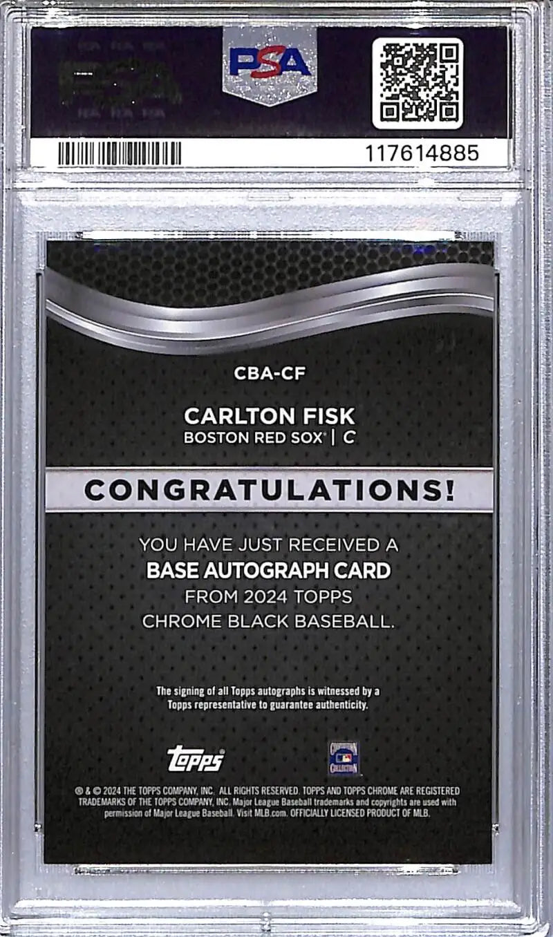 Graded Carlton Fisk baseball card from 2023 Topps Chrome Black Gold series, PSA 9 MINT
