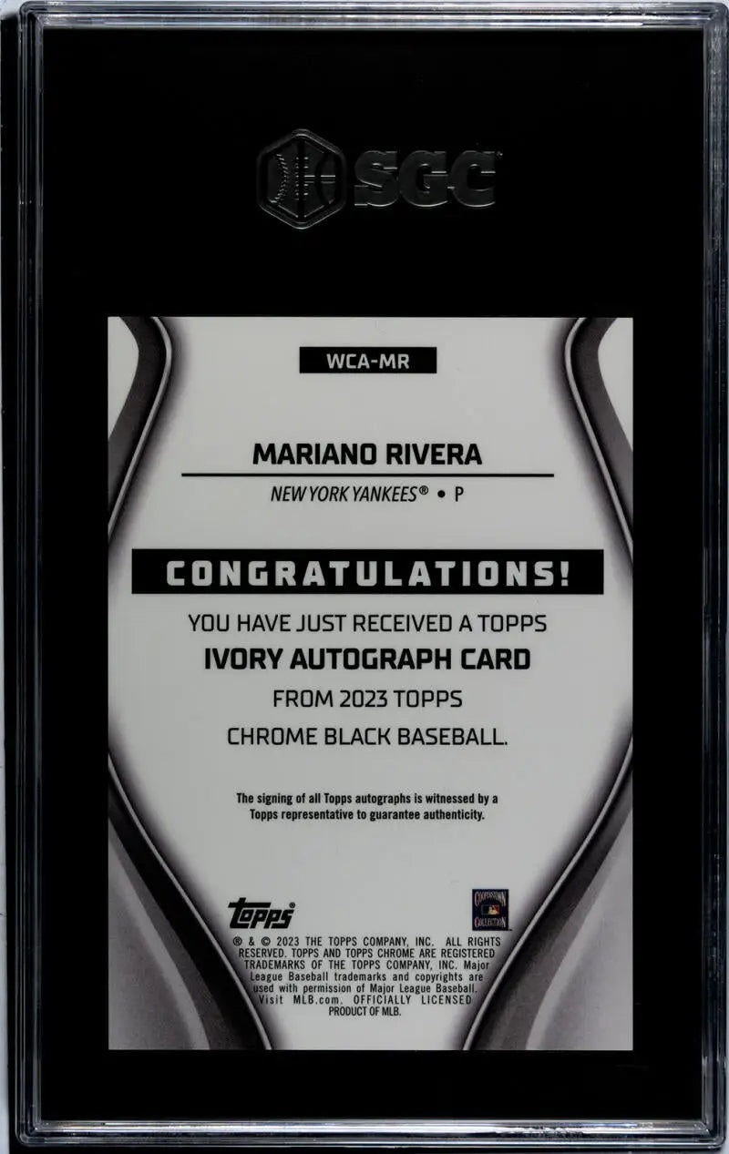 Congratulatory redemption card for Mariano Rivera Black Ivory Refractor autographed baseball card