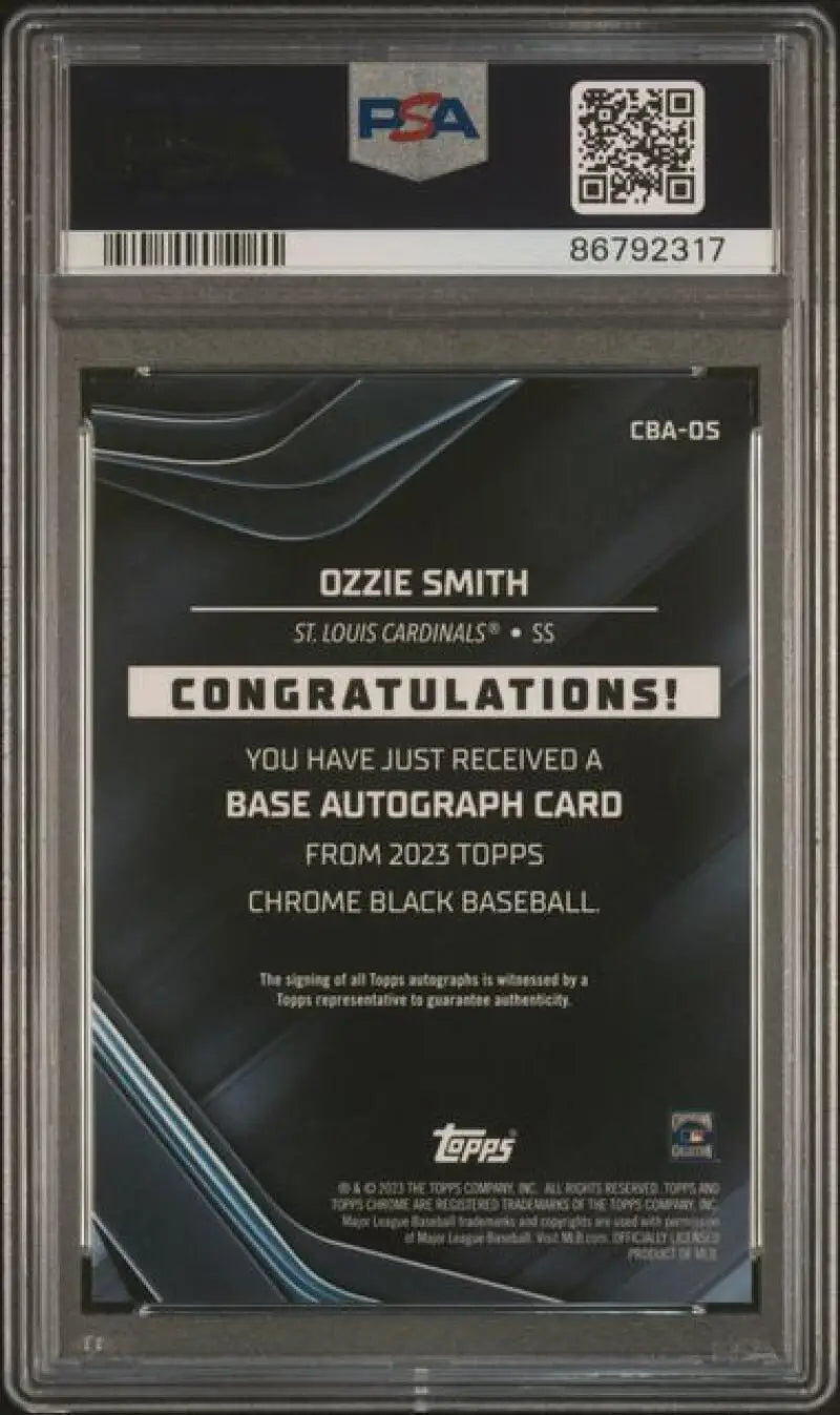 Back view of PSA-graded 2023 Topps Chrome Black Ozzie Smith autograph card