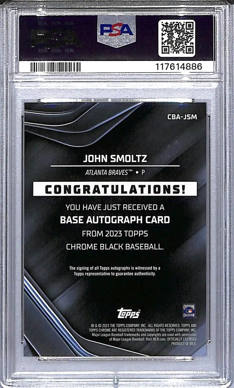 Graded John Smoltz autograph card from 2023 Topps Chrome Black Atlanta Braves collection