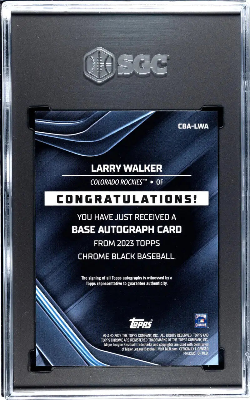 Baseball card redemption notice for Larry Walker Black Refractor in protective case