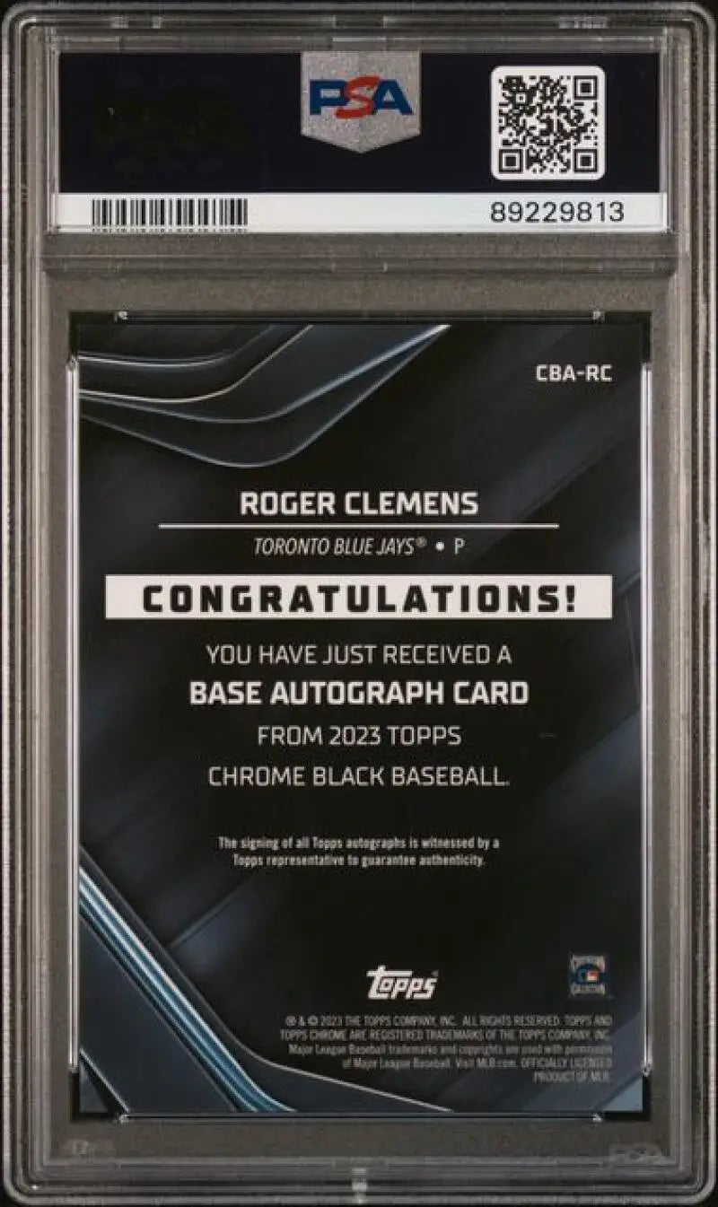 PSA-graded 2023 Topps Chrome Black Roger Clemens Auto congratulatory baseball card