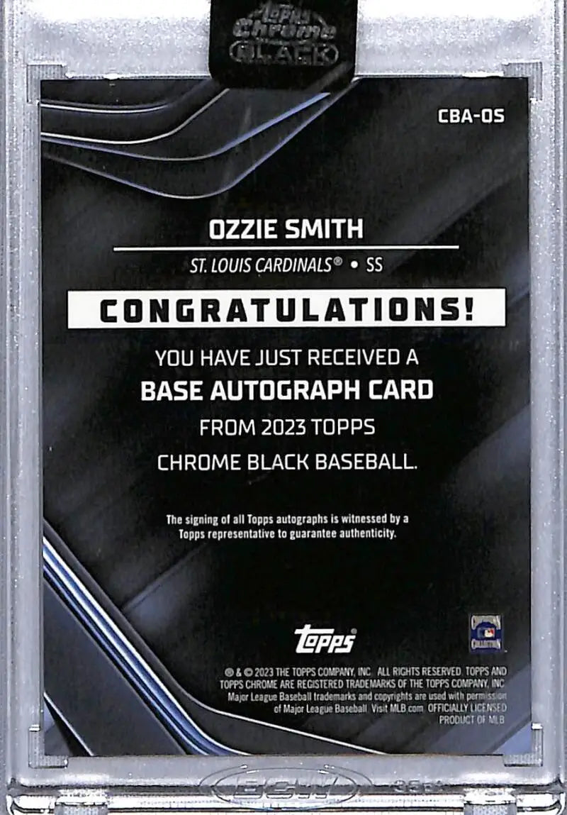 Back of 2023 Topps Chrome Black Refractor Green Ozzie Smith Autograph Card St. Louis Cardinals