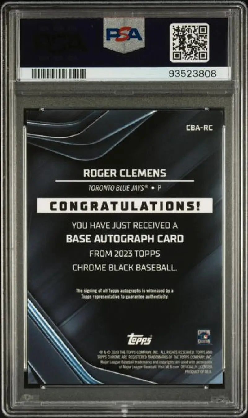 Back side of a PSA 10 GEM MINT Roger Clemens Toronto Blue Jays baseball card