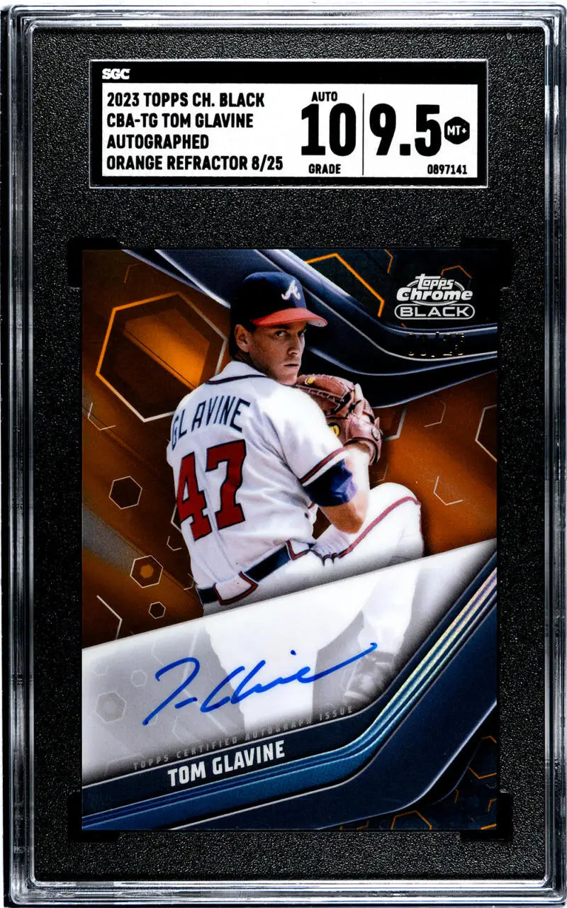 Graded Tom Glavine baseball card #47 Atlanta Braves with autograph on dark background