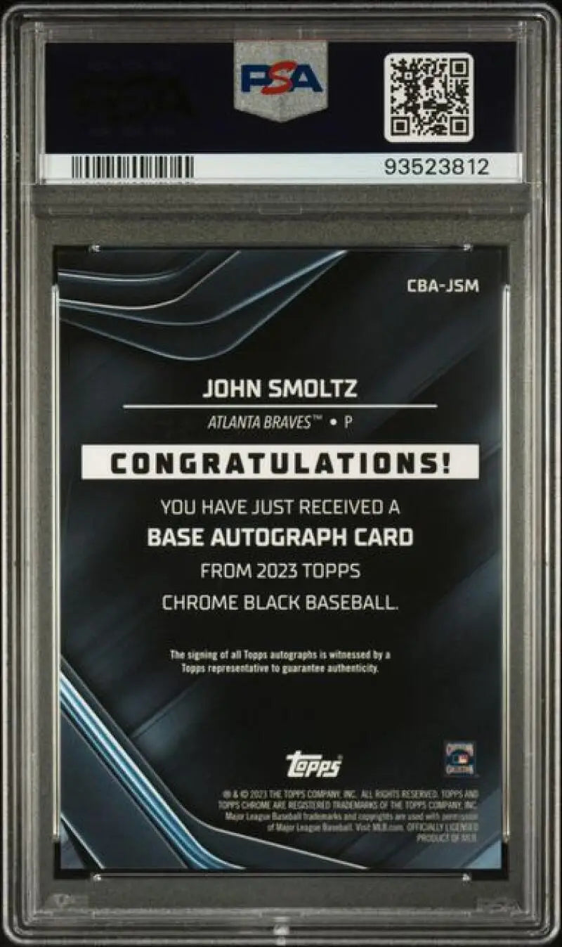 Back view of 2023 Topps Chrome Black Refractor Red John Smoltz PSA 9 MINT Auto card