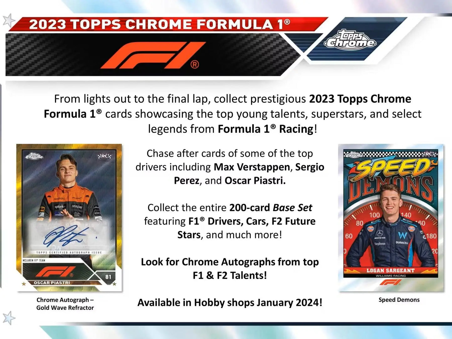2023 Topps Chrome F1 Racing Hobby Box featuring Formula 1 trading cards with red refractor parallel
