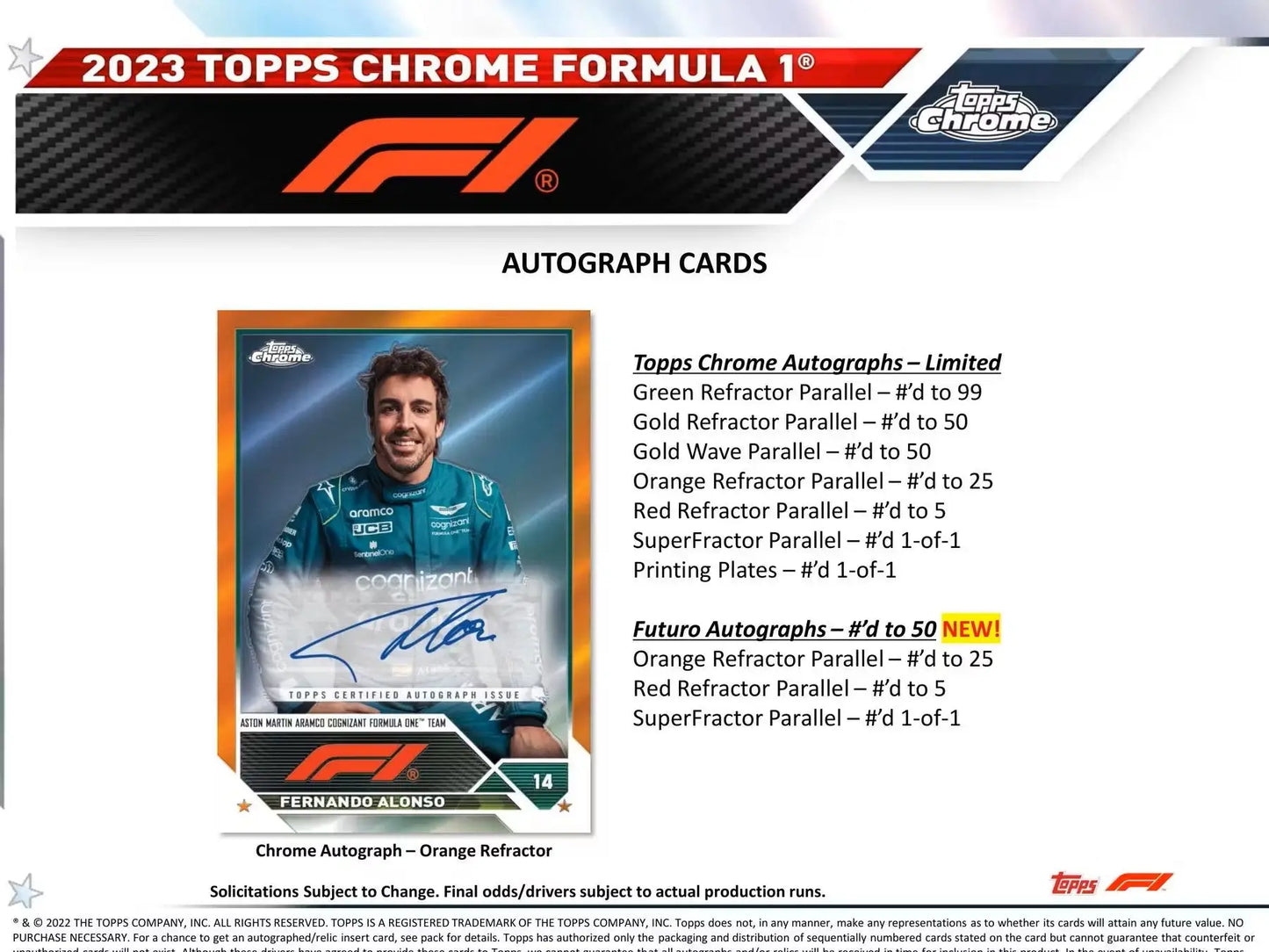 Fernando Alonso autograph card from 2023 Topps Chrome F1 with red refractor parallel