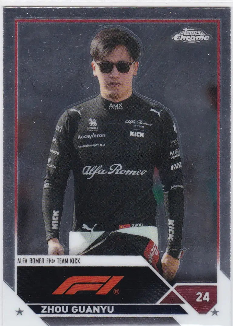 Trading card of Zhou Guanyu in black suit, Topps Chrome Formula 1 Alfa Romeo design