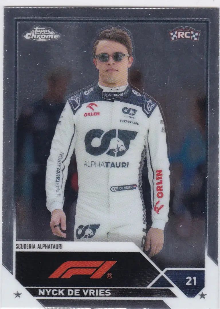 Racing driver trading card of Nyck De Vries in AlphaTauri uniform for Topps Chrome Formula 1