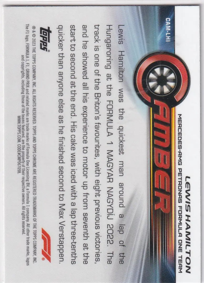 Rear view of 2023 Topps Chrome Formula 1 Camber Lewis Hamilton collectible card