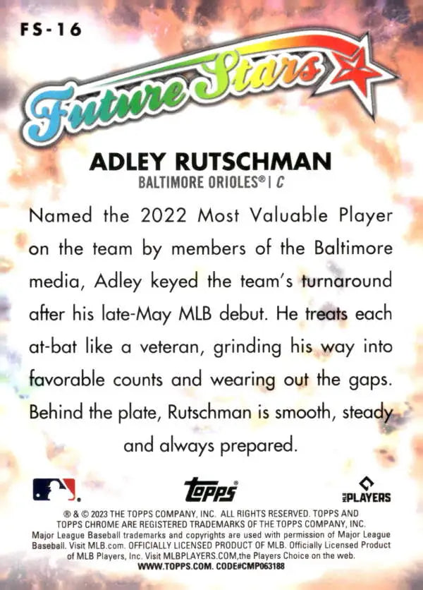 Baseball card of Adley Rutschman showcasing 2022 performance for Future Stars
