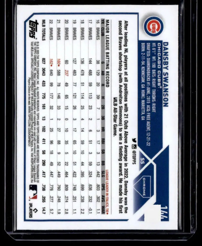 Baseball trading card featuring Dansby Swanson statistics and Chicago Cubs design elements