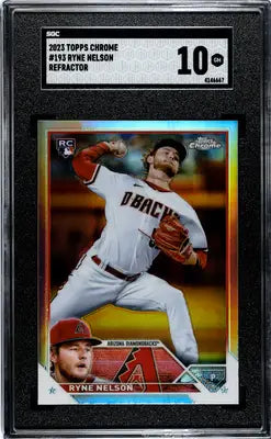 A graded 2023 Topps Chrome Ryne Nelson Refractor baseball card in SGC 10 condition