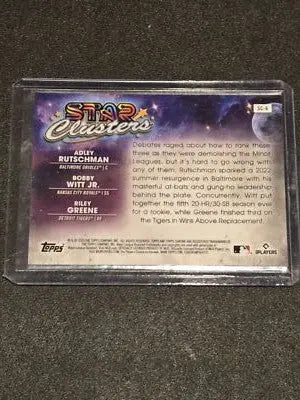 Baseball card in protective case from 2023 Topps Chrome SC-6 Star Clusters series