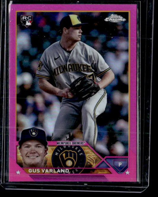 Pink-bordered 2022 Topps Chrome Update Gus Varland Milwaukee Brewers Rookie Card