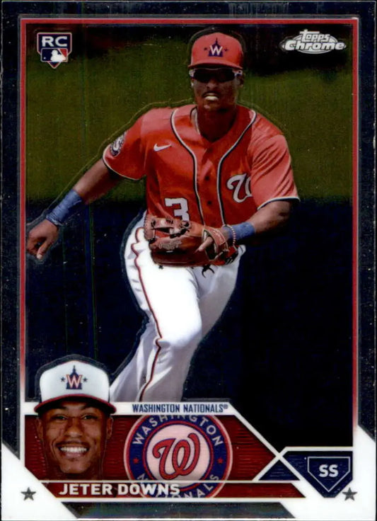 Jeter Downs 2023 Topps Chrome Update Baseball Card in red Washington Nationals uniform