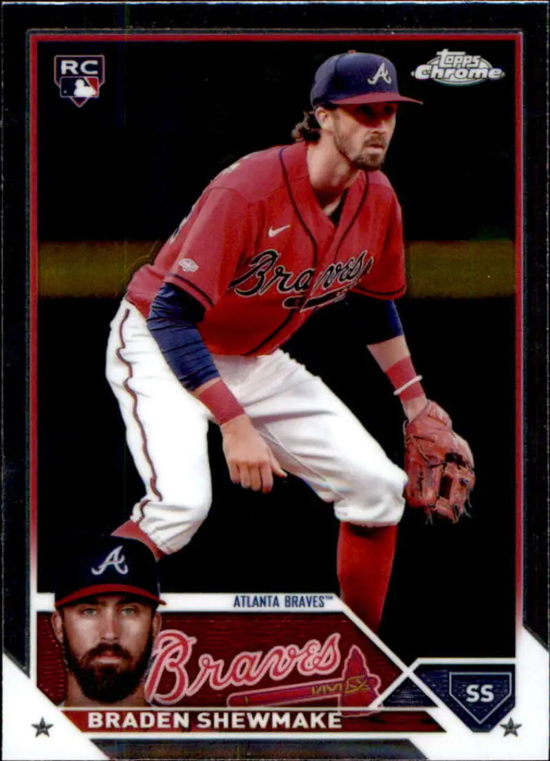Braden Shewmake Atlanta Braves baseball card in fielding stance from 2023 Topps Chrome Update