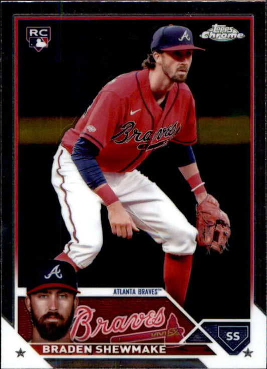 Braden Shewmake Atlanta Braves baseball card in fielding stance from 2023 Topps Chrome Update