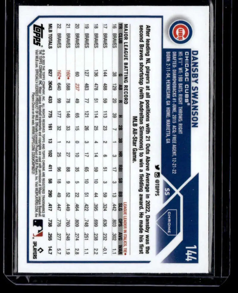 Baseball trading card featuring Dansby Swanson statistics for Chicago Cubs Topps Chrome
