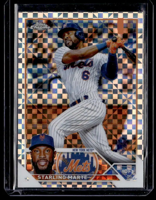 Baseball card of Starling Marte in New York Mets white pinstriped uniform with overlay