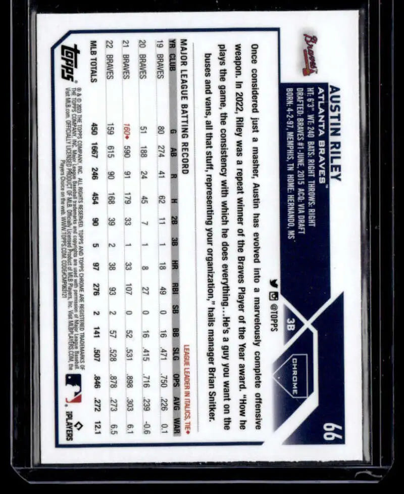 Austin Riley Topps Chrome X-Fractor baseball card with player stats and dark border design