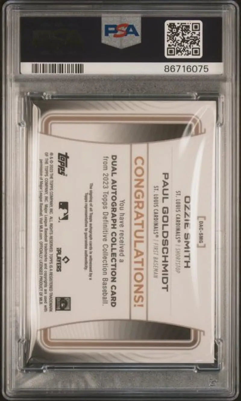 PSA graded card holder featuring 2023 Topps Definitive Collection Dual Autograph Purple