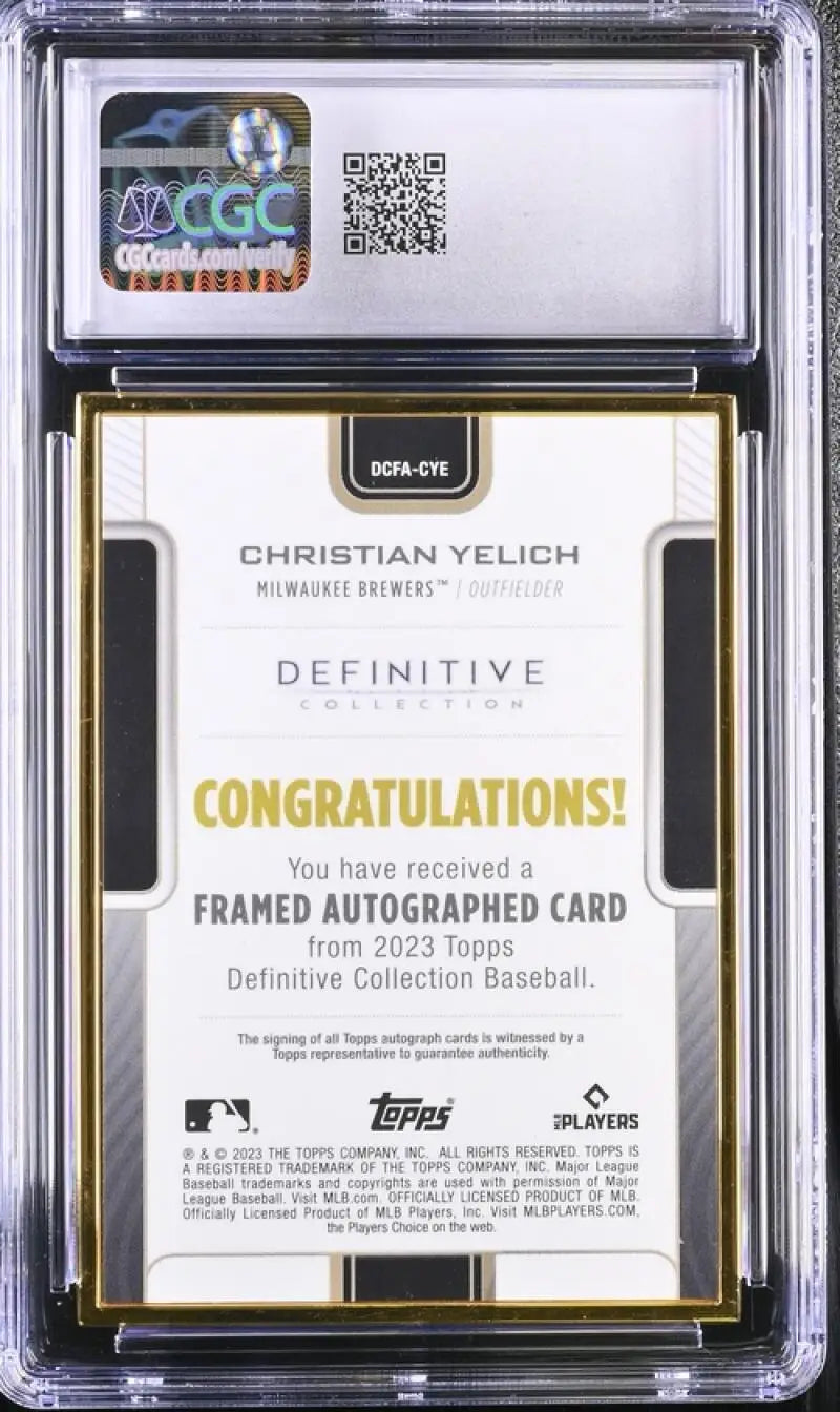 Framed Christian Yelich baseball card with authentication label and QR code
