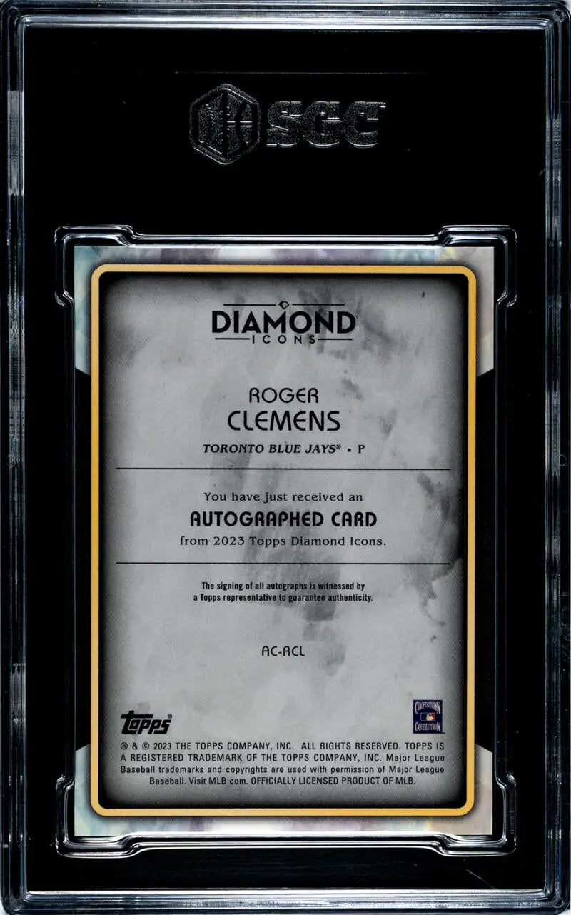 Back of 2023 Topps Diamond Icons Roger Clemens card with authentication in case