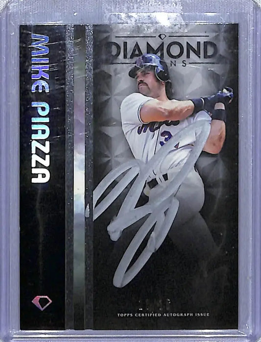 Signed Mike Piazza New York Mets Baseball Card with silver autograph on black background