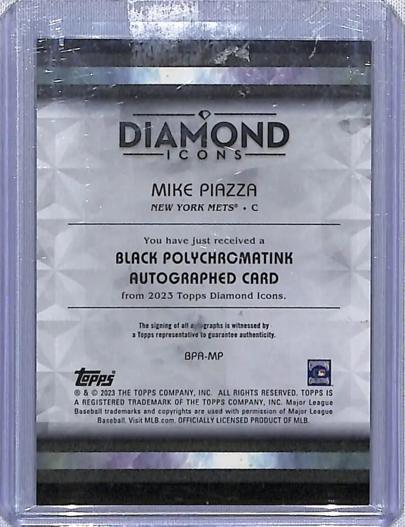 Clear plastic case showcasing Mike Piazza autographed baseball card for New York Mets
