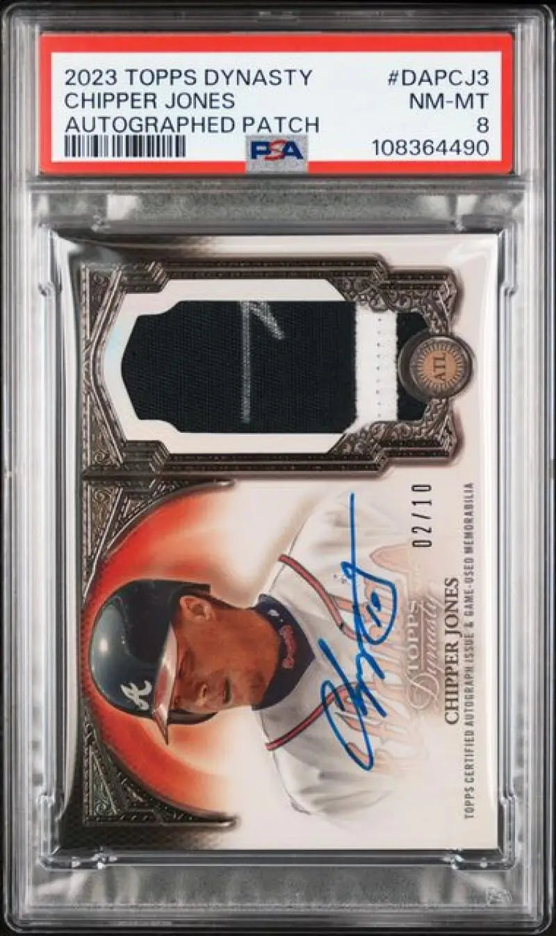 Graded Chipper Jones autographed patch baseball card from 2023 Topps Dynasty for Atlanta Braves