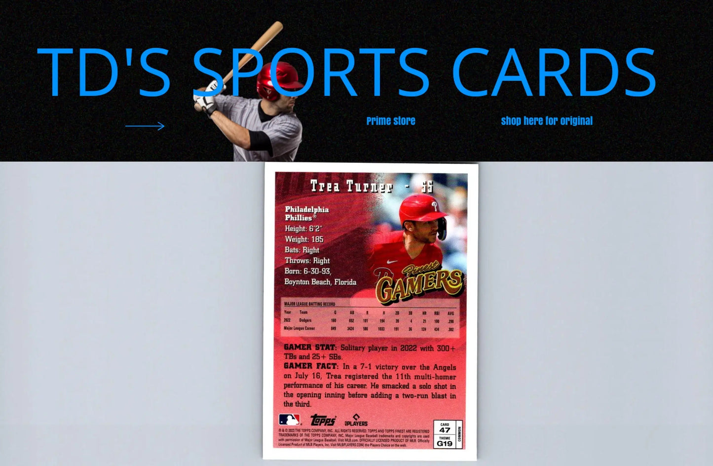 Trea Turner baseball card from 2023 Topps Finest Flashbacks #47 collectible series